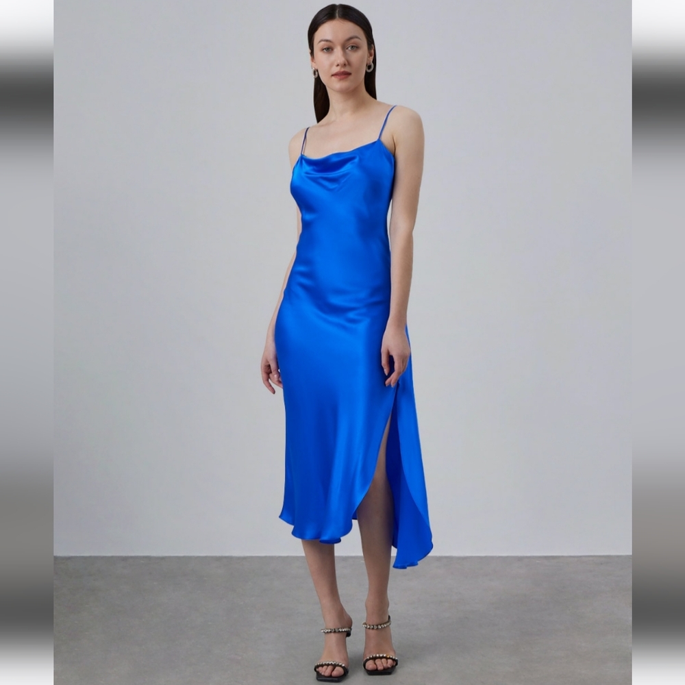 'Red Desire' Slit Bias Cut Silk Slip Dress (Sapphire Blue) - Silk Maison